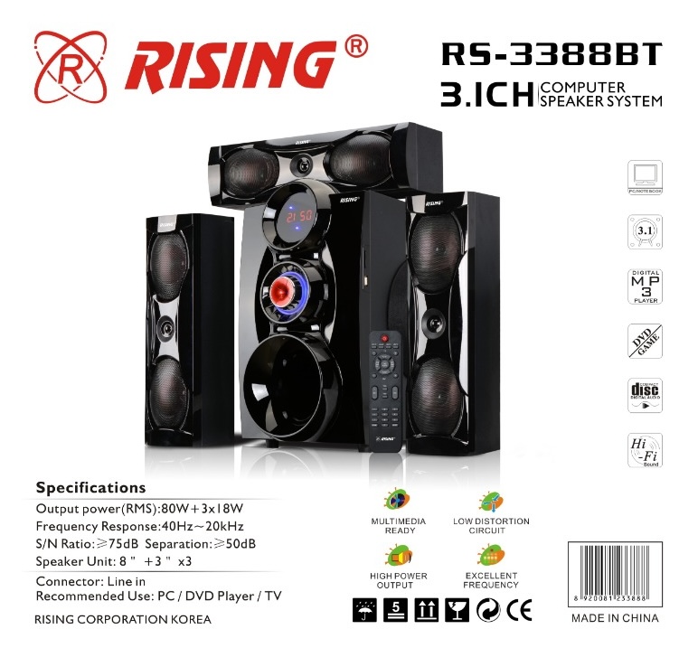 3.1 Channel Computer Multimedia Speaker System with Bluetooth Rising RS-3388BT